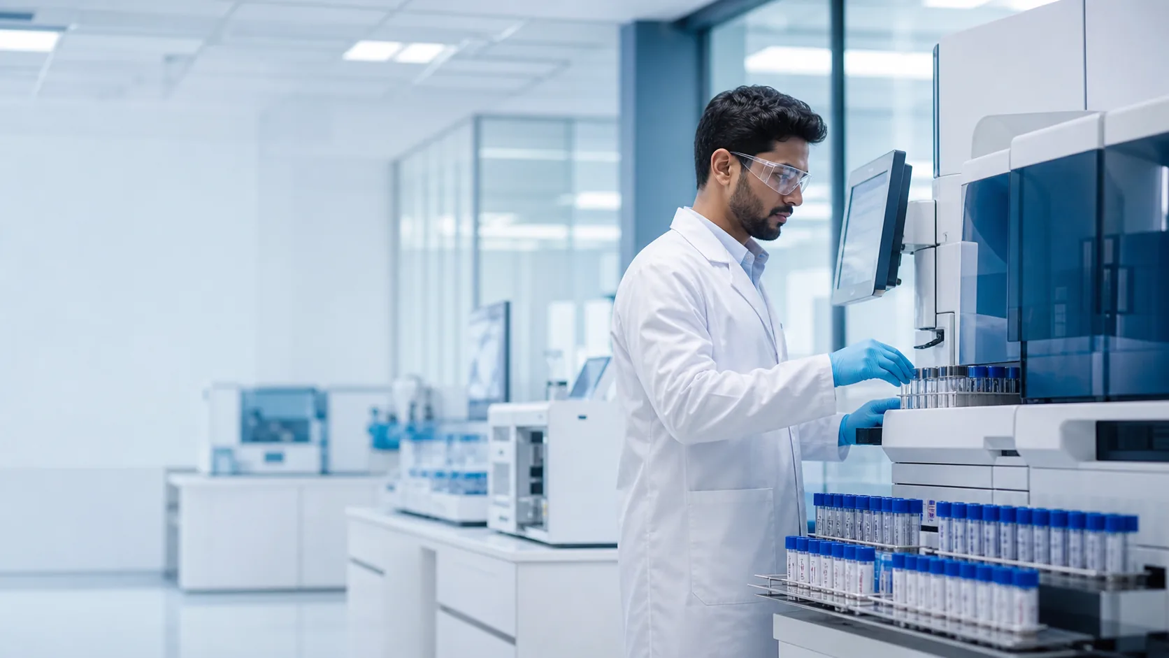 Laboratory professional working with advanced diagnostic analyzers